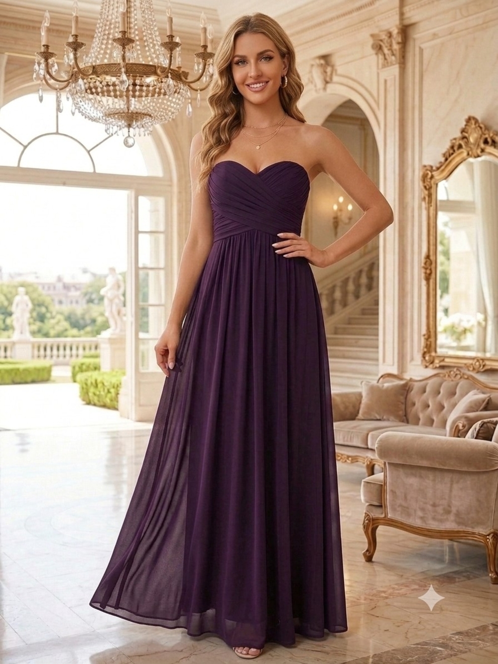 Bill Levkoff Strapless Sweetheart Chiffon Gown in Plum
